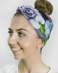 Wide cotton stretch knot headband in blue, lilac, green